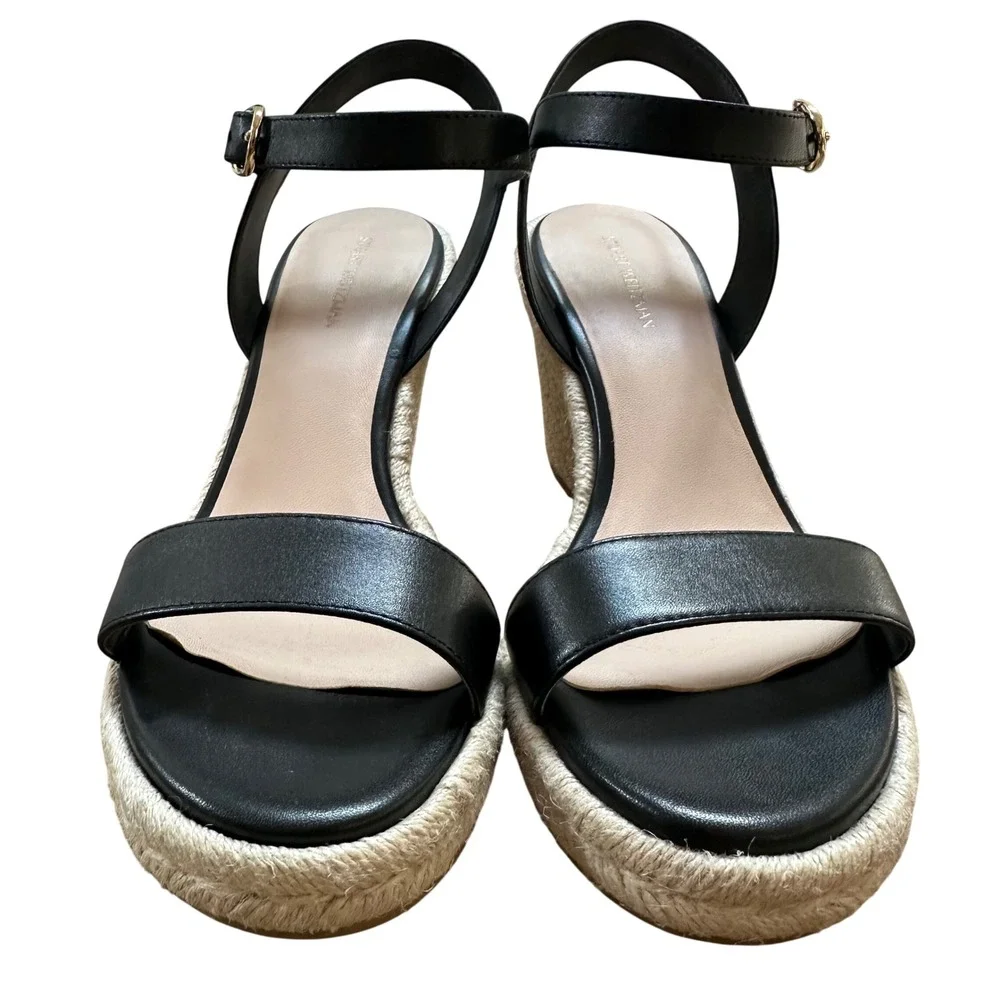 Stuart Weitzman Black Leather Espadrille Wedge Sandals Ankle Strap Size 8 - Picture 2 of 8